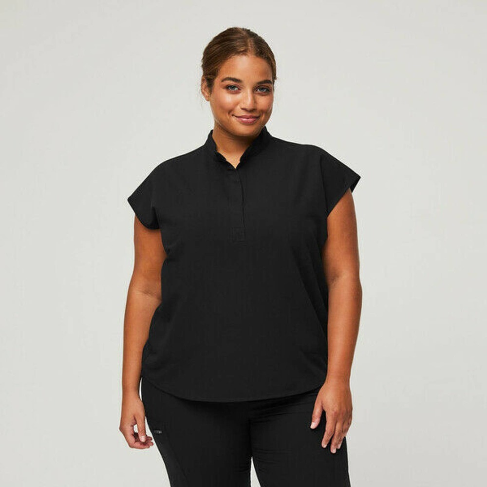 FIGS Rafaela Oversized Nursing Scrub Top V-Neck Cap Sleeve Black Women's Size XL